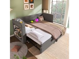 Sofá-cama Retrátil 90x190 Cm, Braços Com Usb-c E Porta-copos, Linho Cinza, Sem Colchão