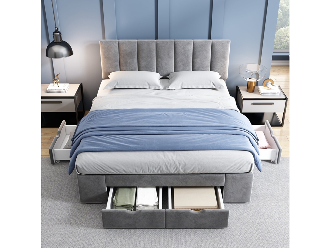Cama 140x200cm Veludo com Cabeceira Acolchoada Ajustável, 4 Gavetas, Estrutura Sólida, Confortável e Elegante, Cinza KOMHTOM