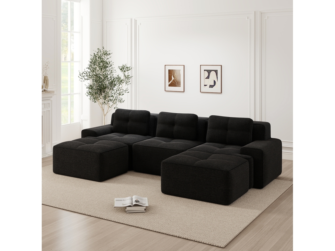 Sofá Cloud Modular Em U Com Ottoman E Design Sem Montagem, Preto