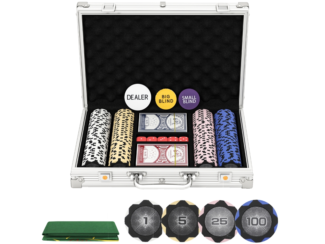 Fichas de Poker Colocadas em Caixa, com Dados, Botão de Dealer, Baralhos de 2 Cartas, Cores Prateadas Ge