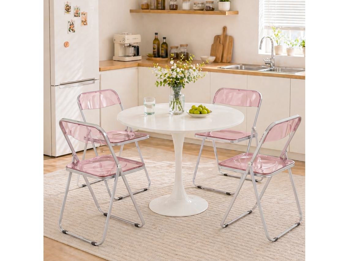 Conjunto De 4 Cadeiras Dobráveis Em Acrílico Transparente, Rosa