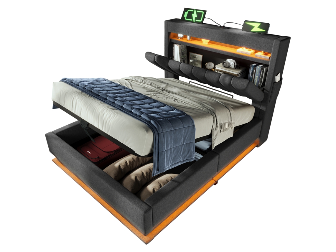 Cama de Solteiro Estofada 90x200cm com Cabeceira Led,portas Usb,espaço de Armazenamento e Sistema Hidráulico Cinza PAPRIKA