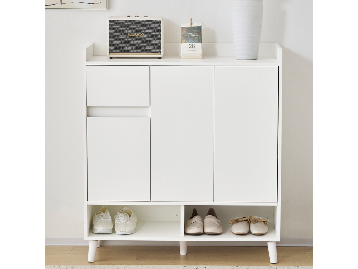 Sapateira com 7 compartimentos e 1 gaveta com prateleiras reguláveis, estilo branco