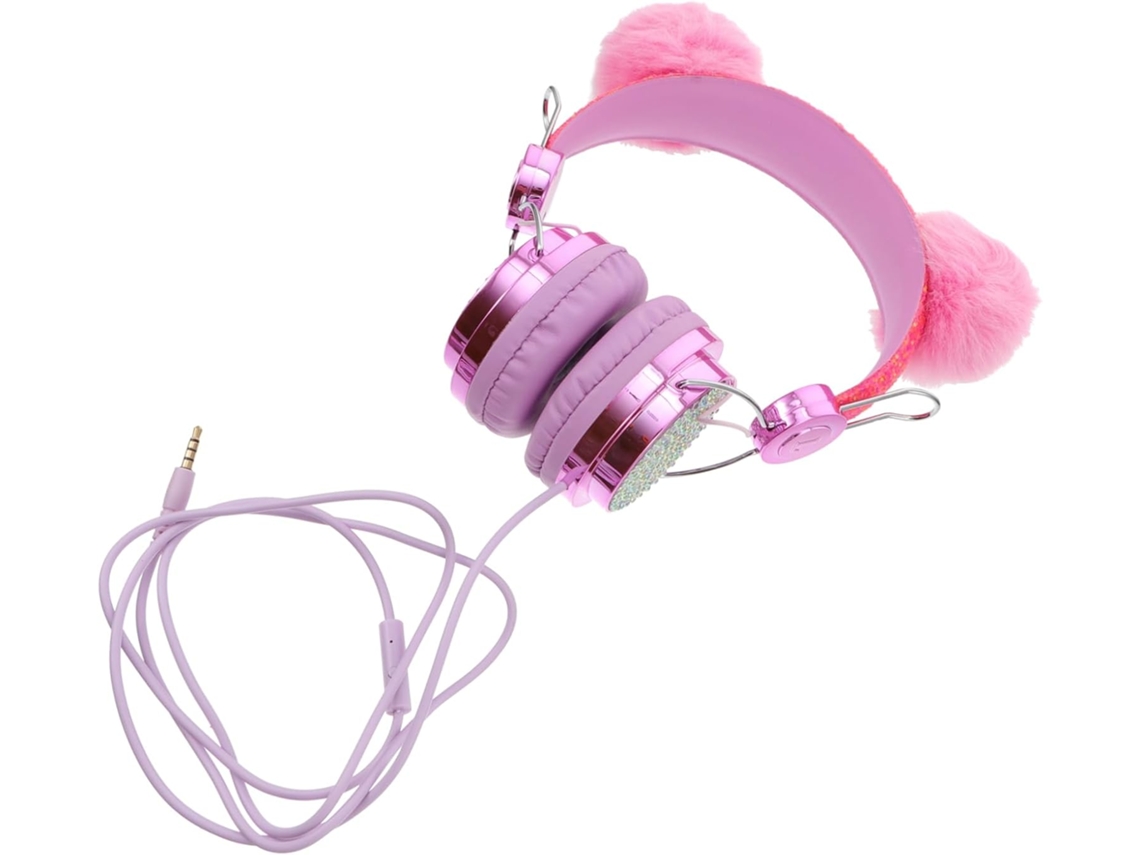 Fones De Ouvido Infantis Com Orelhas Gato, Strass E Glitter Rosa