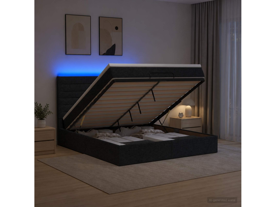 Vidaxl Cama Ottoman Com Colchão E Led Preto 140 X 190 Cm Tecido