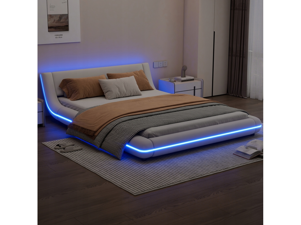 Cama Casal Arhatreya Baixa Com Led E Controle Remoto Â Pu (140x200 Cm Branco)