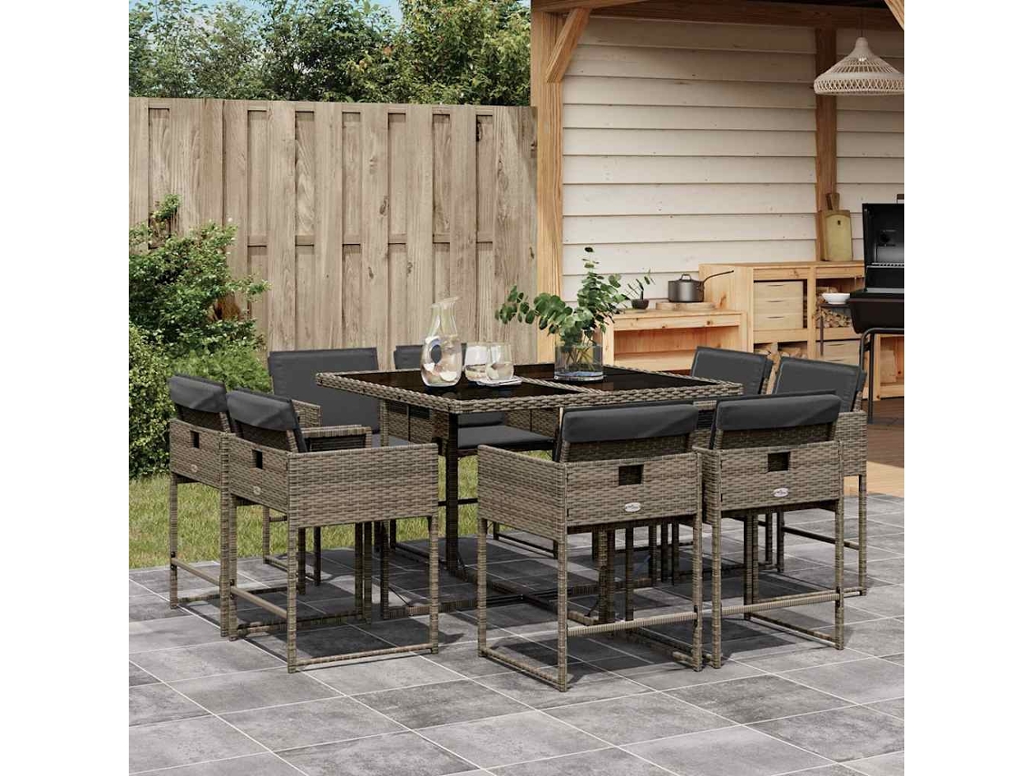 Vidaxl 9 Pcs Conjunto De Jantar P/ Jardim C/ Almofadões Vime Pe Cinza