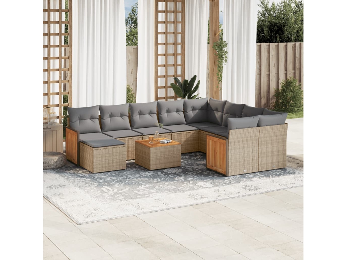 Vidaxl 11 Pcs Conjunto Sofás De Jardim C/ Almofadões Vime Pe Bege