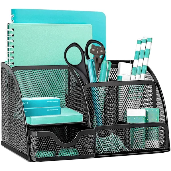Organizador de Mesa em Tela Metálica, Multifuncional, com Porta, Canetas, 6 Compartimentos e 1 Gaveta BRILVIBERA