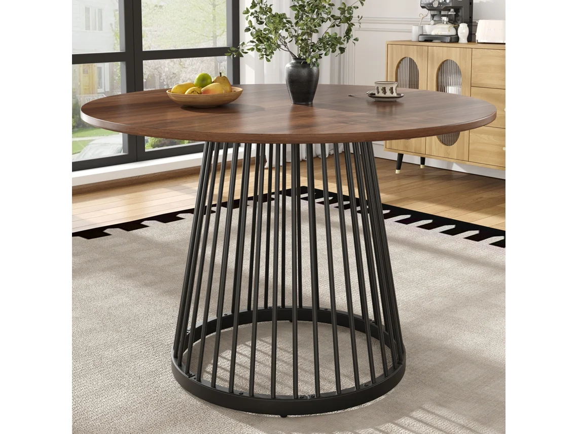 Mesa De Jantar Redonda Estrutura Em Metal Tampo Em Madeira Com Textura 2 A 4 Pessoas Mdf Preto E Castanho Estilo
