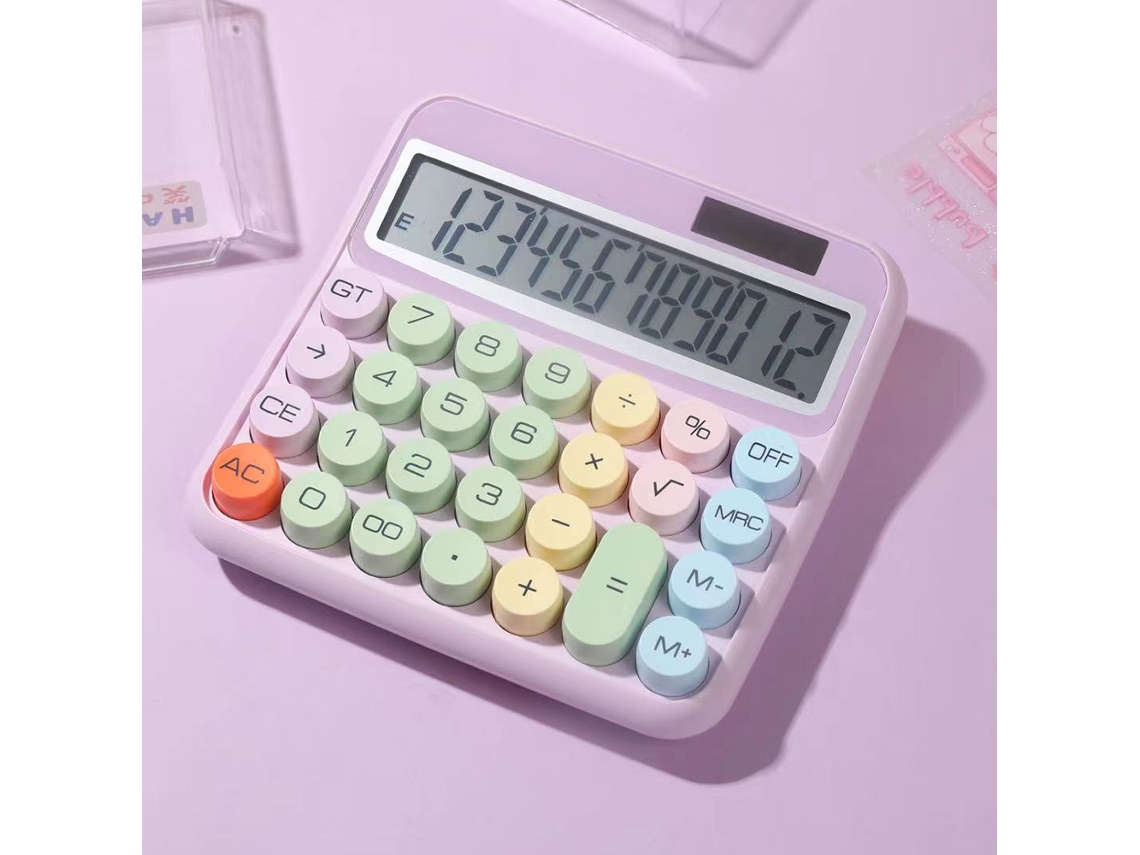 Calculadora Mecânica Rosa Lcd Com 12 Dígitos, Botões Grandes E Energia Dupla