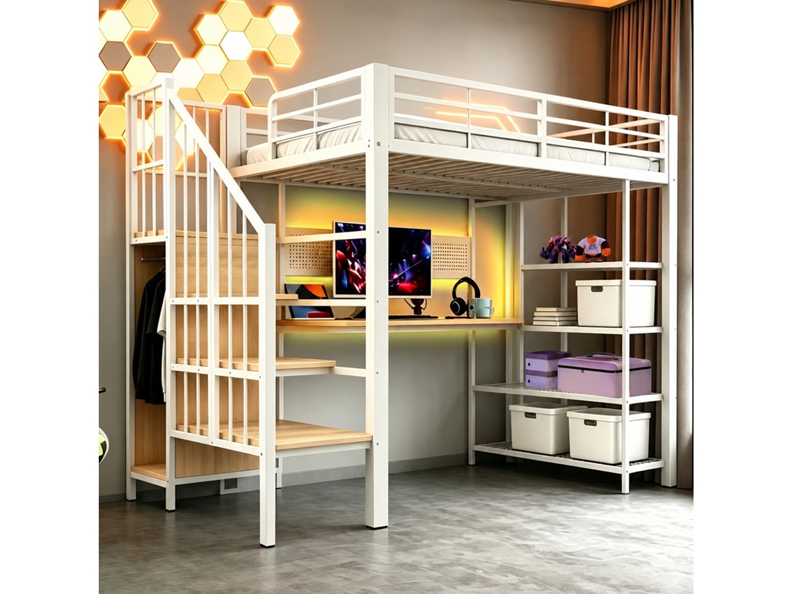 Cama Alta 90x200 Cm Secretária Comprida, Painel Perfurado, Tomadas Europeias, Luz Led, Várias Prateleiras, Grade Alta Branco NOVELA