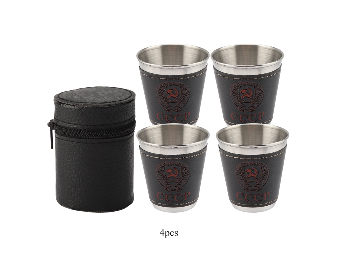 4 Copos De Vinho Mini Aço Inox 70ml Com Capa De Couro
