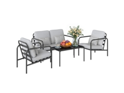 Conjunto Jardim 4 Peças Em Aço, Sofá 2l, 2 Poltronas E Mesinha, Cinza Claro