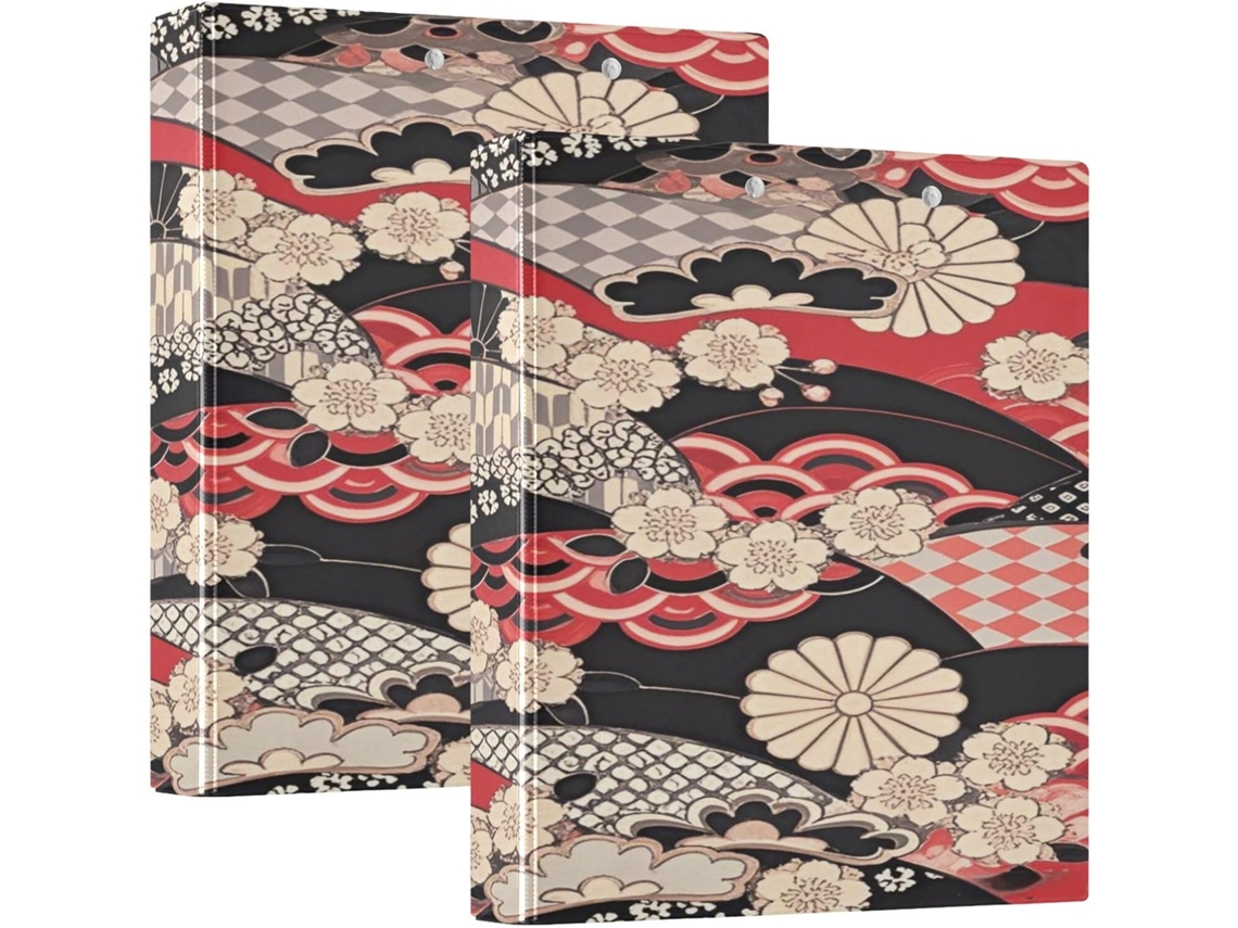 Pasta escolar japonesa com estampa de flor de cerejeira vermelha, 3,8 cm x 1,5 polegadas, três argolas com bolsos internos.