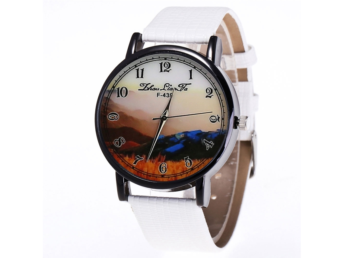Relógio de pulso unissex moderno com pulseira de couro PU, mostrador analógico redondo de quartzo, branco.