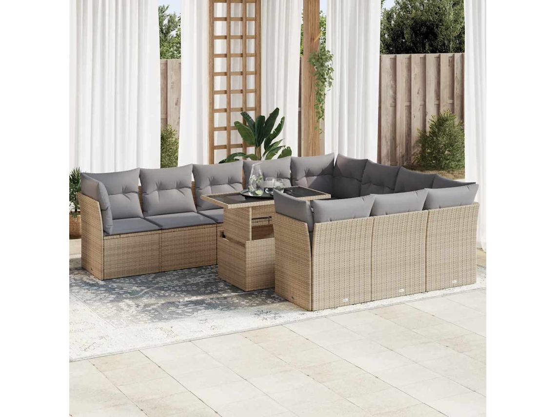 Vidaxl 11 Pcs Conjunto Sofás de Jardim C/ Almofadões Vime Pe Bege