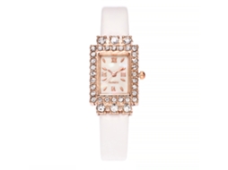 Relógio de Pulso Feminino de Quartzo com Pedras Strass Quadrado Pulseira de Couro Pu Vansvar Branco