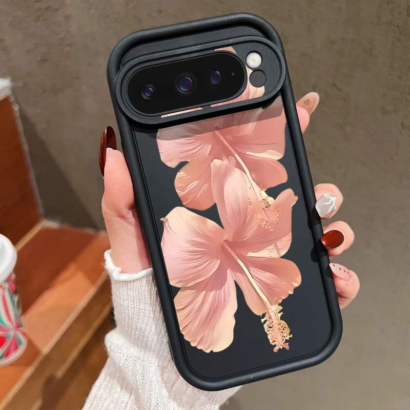 Capa Para Celular Google Pixel 9 Pro Xl Com Estampa De Flor De Hibisco (preta), Em Tpu Macio.