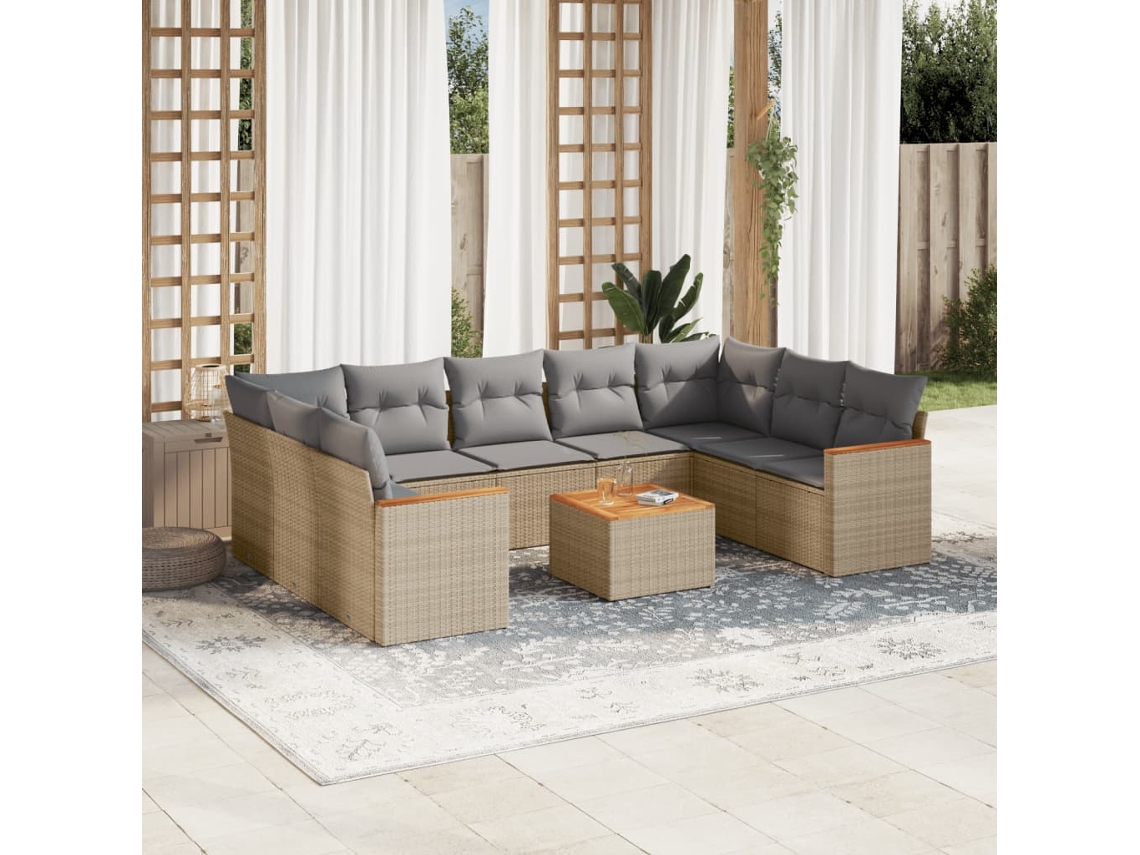 10 Pcs Conj. Sofás Jardim C/ Almofadões Vime Pe Bege Misturado Dkd Home Decor