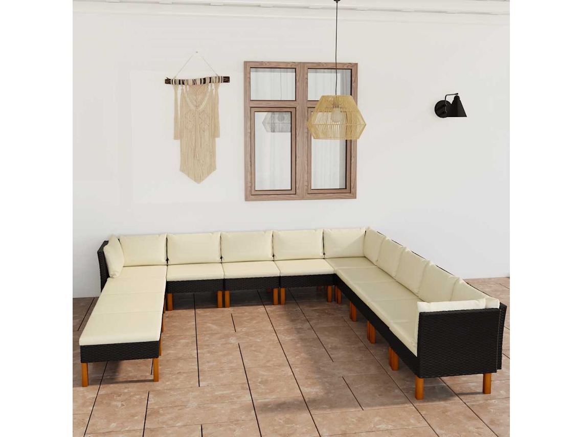 Vidaxl 12 Pcs Conjunto Lounge De Jardim C/ Almofadões Vime Pe Preto
