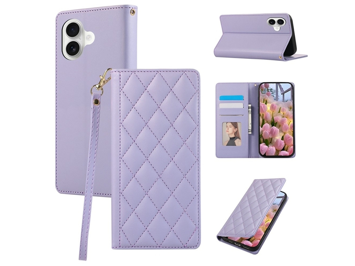 Capa Carteira Para Iphone 17 Com Proteção Rfid Em Couro Com Padrão Losango - Roxa