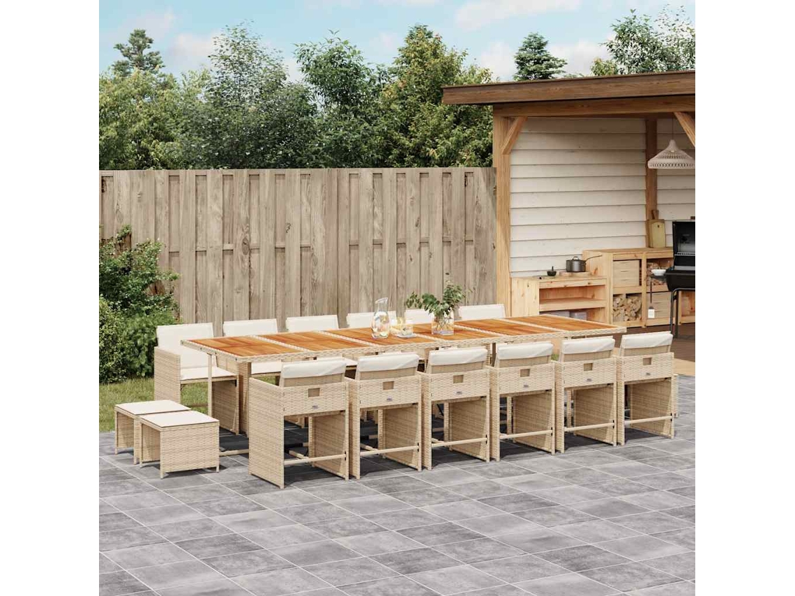 Vidaxl 17 Pcs Conjunto de Jantar P/ Jardim C/ Almofadões Vime Pe Bege