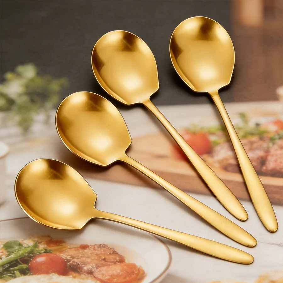 Conjunto De 4 Peças Em Aço Inoxidável Banhado A Ouro: Concha Redonda, Concha Grande E Concha Com Cabo Longo Ideal Para Cozinhas Domésticas.