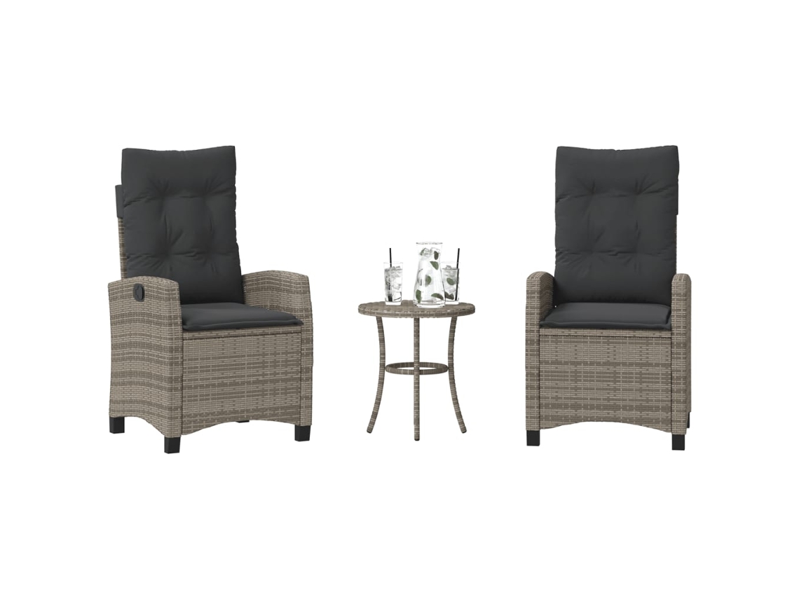 Vidaxl 3 Pcs Conjunto Bistrô Com Almofadões Vime Pe Cinza
