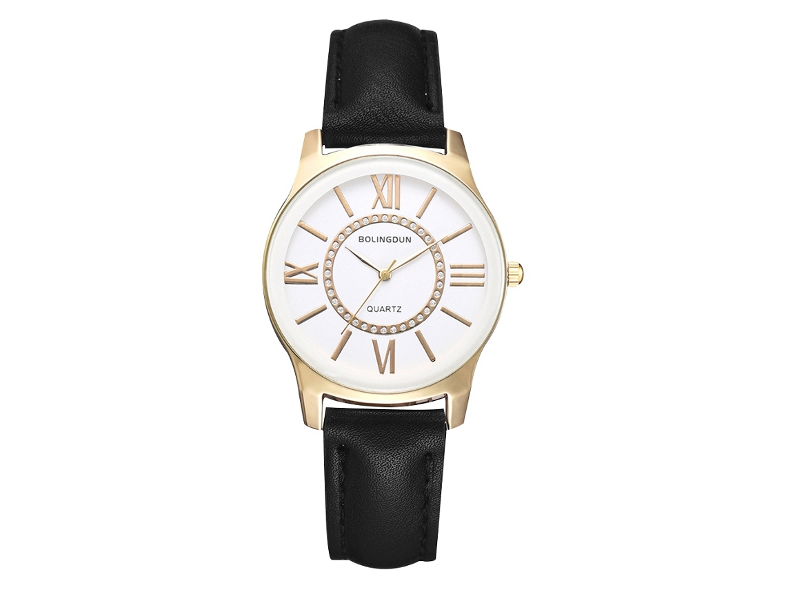 Reloj De Pulsera De Mujer Con Caja De Aleación Y Cuero Pu Números Romanos Casual Oro Blanco
