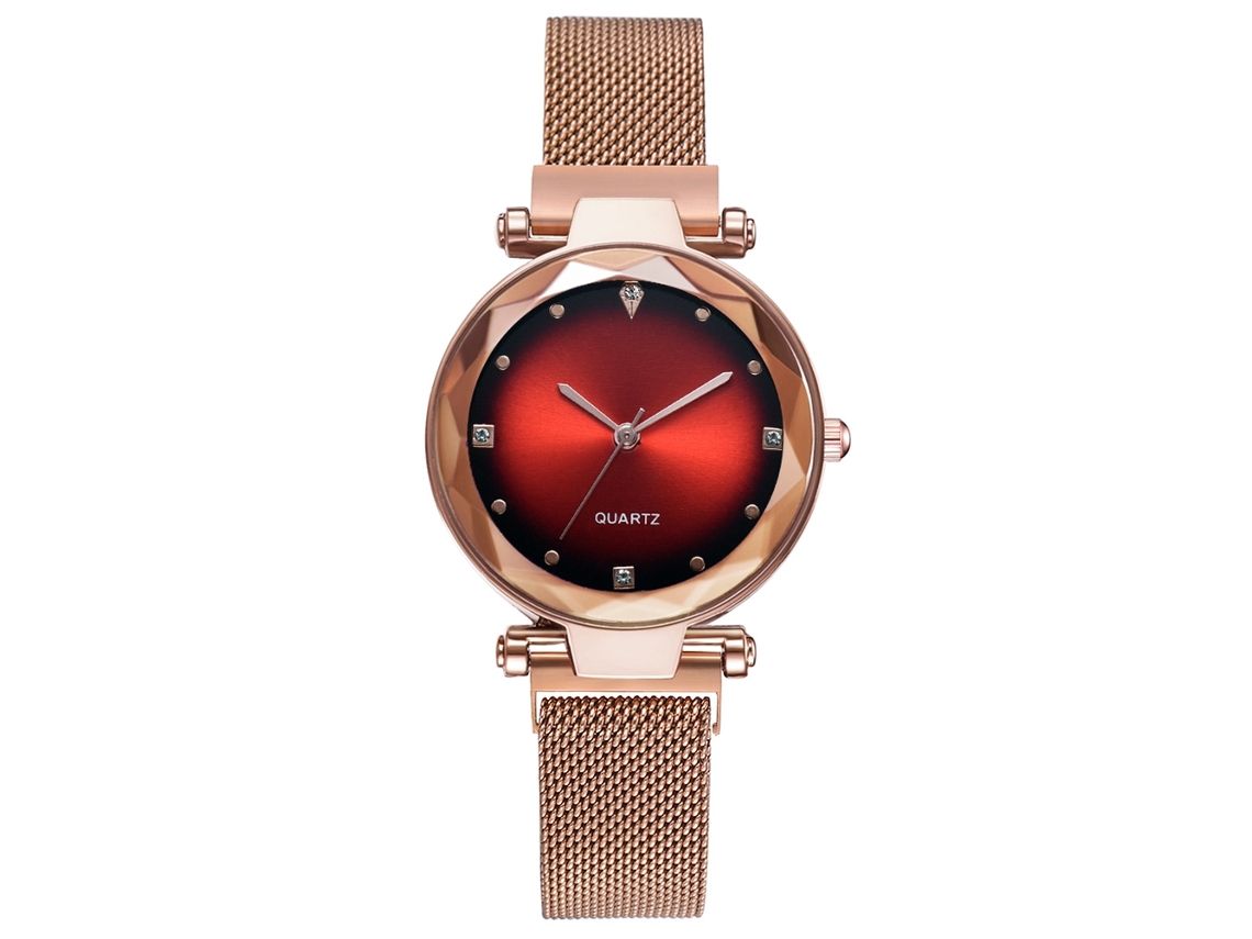 Reloj De Cuarzo Con Strass Correa De Malla Oro Rosa Moda (rojo)