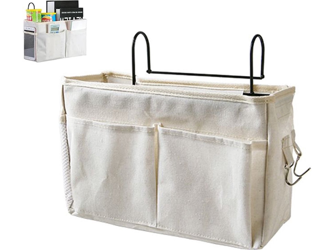 Suporte Organizador Suspenso Com Bolsos Para Cama Sofá Em Algodão Branco
