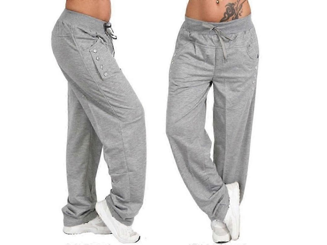 Calcinha De Moletom Feminina Legging Larga Com Cordão E Bolsos Para Corrida E Academia Cinza Claro