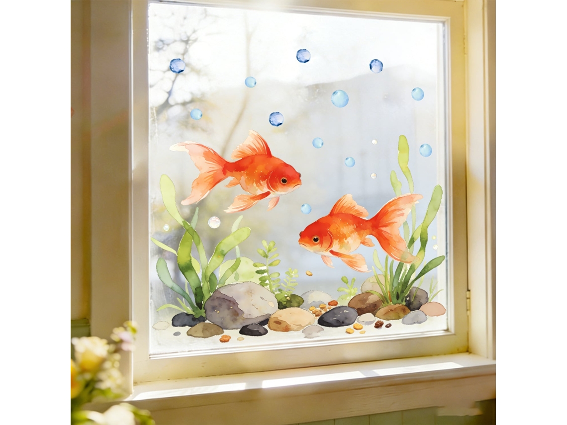 Adesivo Para Janela Com Estampa De Peixes-dourados Em Aquarela Película De Fixação Estática Removível Que Não Deixa Resíduos (45 Cm).