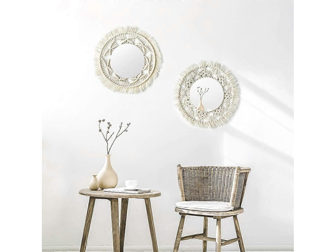 Rebe set de 2 Espelhos de Parede Artesanais com Franja Redonda para Apartamento, Sala, Quarto, Decoração Moderna de Casa