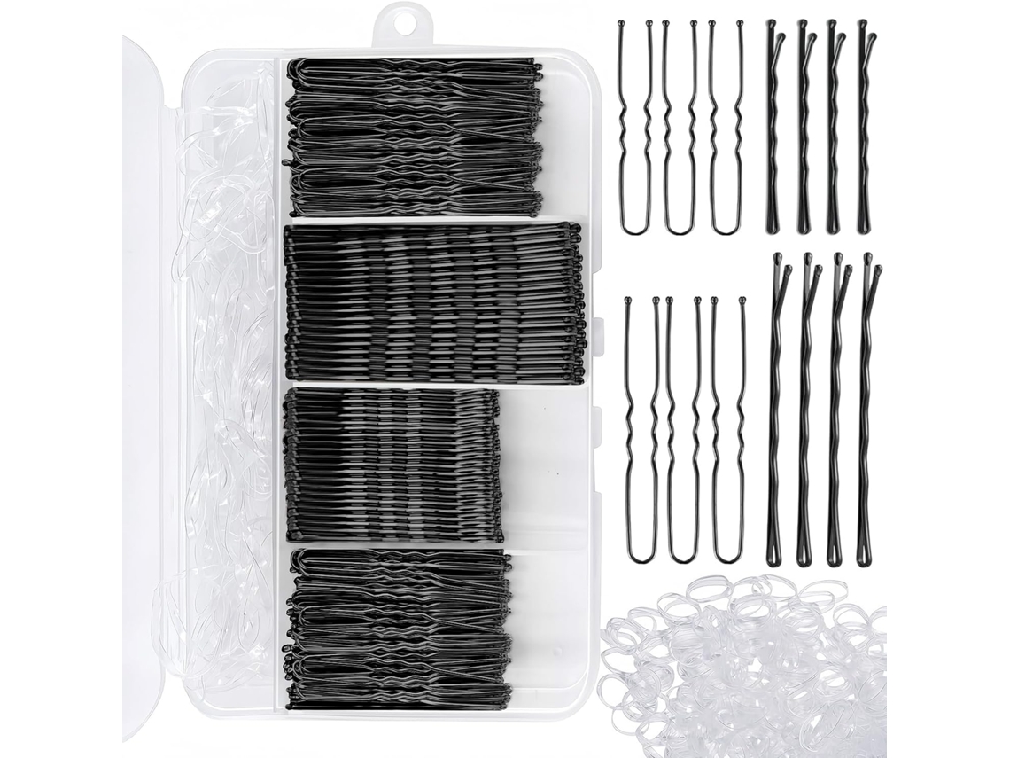 Conjunto de 300 grampos de cabelo femininos em formato de U (pretos) | Acessórios de cabelo invisíveis, presilhas de metal para coque, grampos de cabelo, caixa organizadora inclusa