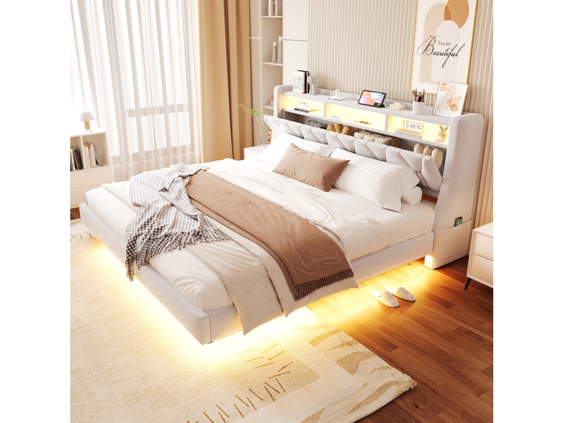 Cama Veludo Bege 180x200 com Cabeceira Led e Tomada Flutuante