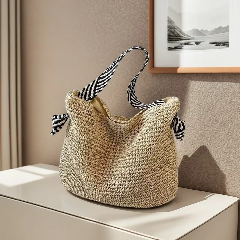 (2044-bege) Bolsa De Praia Feminina De Palha, Elegante E Com Grande Capacidade, Ideal Para Viagens E Férias.