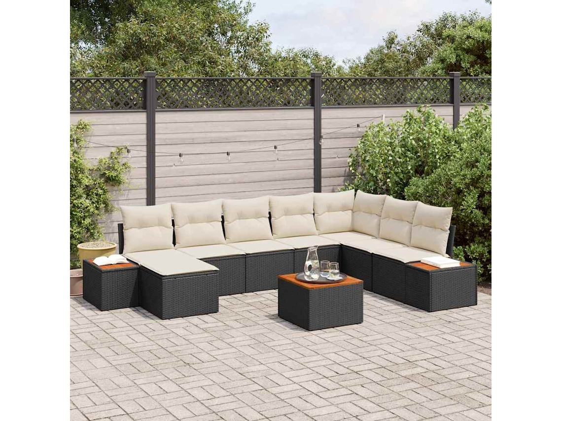 Vidaxl Conjunto De Sofá De Jardim 9 Pcs Preto E Creme Polirattan