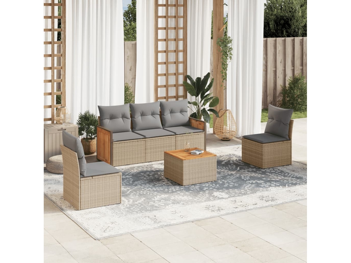 Vidaxl 6 Pcs Conjunto De Sofás P/ Jardim Com Almofadões Vime Pe Bege