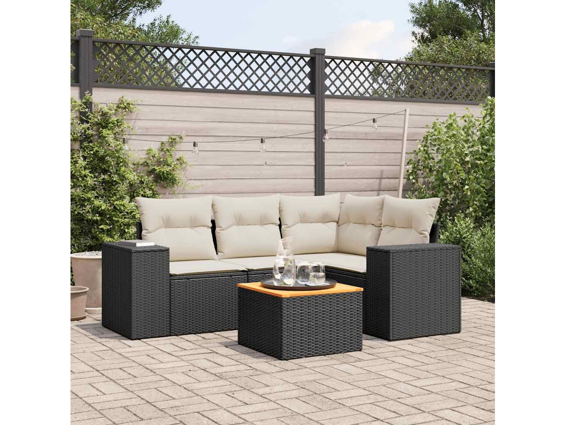 Vidaxl 5 Pcs Conjunto Sofás De Jardim Com Almofadões Vime Pe Preto