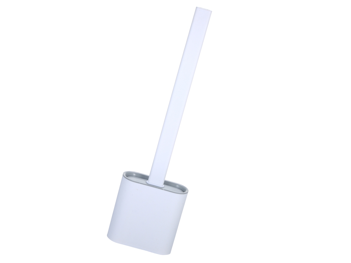 Escova de vaso sanitário plana com suporte de silicone, cerdas flexíveis que não prendem para facilitar a limpeza embaixo do vaso sanitário.