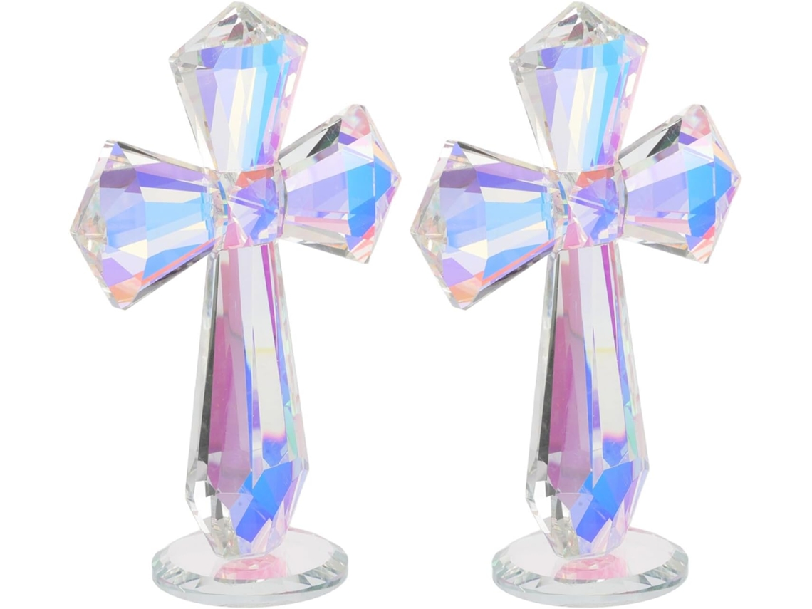 Conjunto 2 Cruzes Decorativas Cristal Transparente Ab Estatuetas Portáteis Oração Decoração Ornamentos GOKOCO