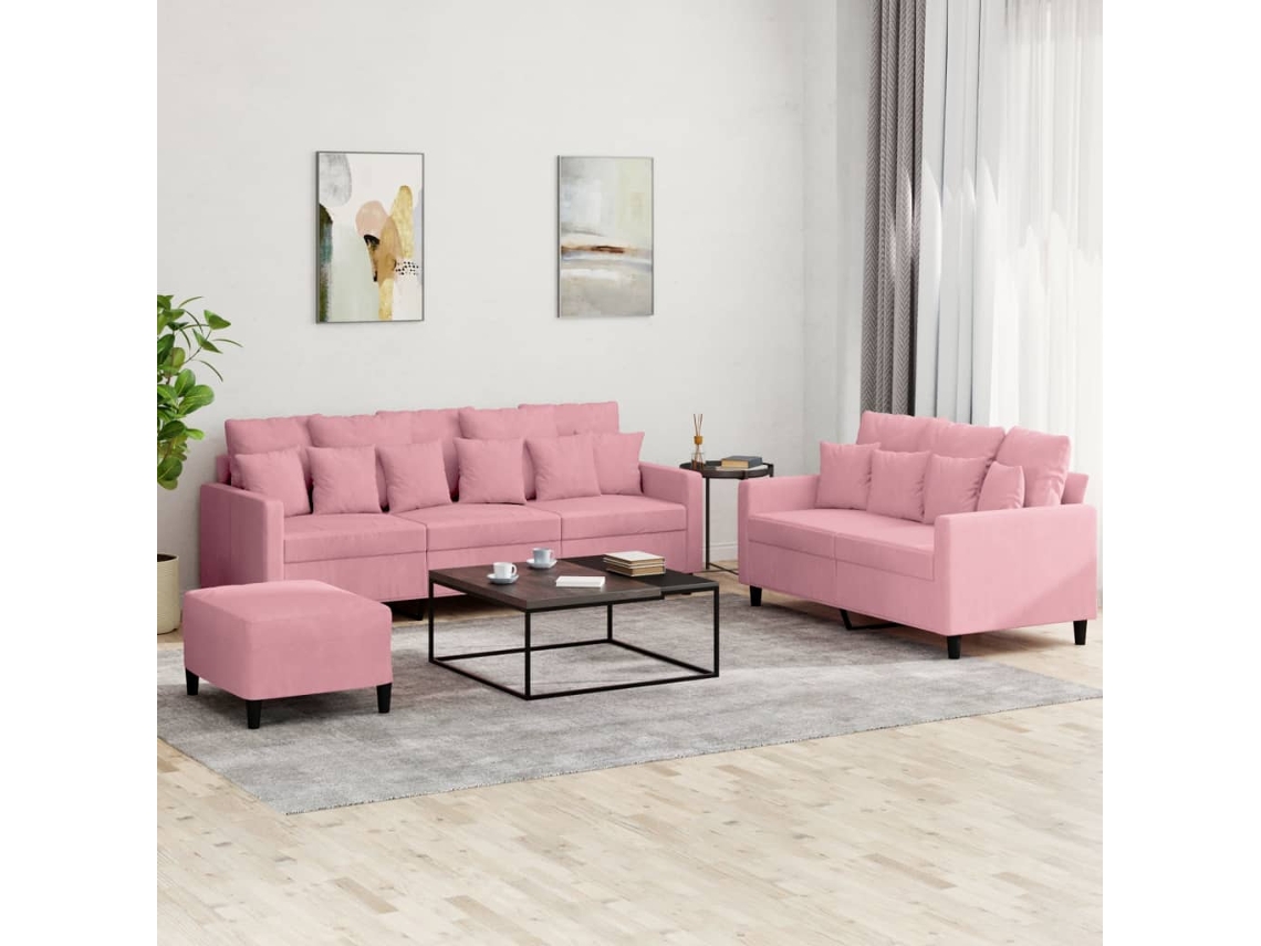 Vidaxl 3 Pcs Conjunto De Sofás Com Almofadões Veludo Rosa