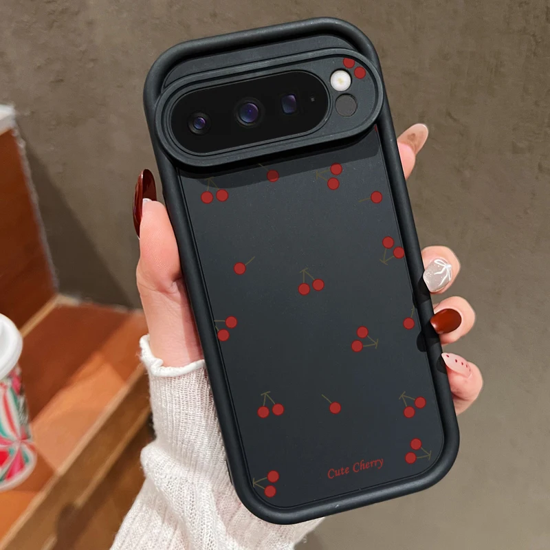 Capa De Tpu Preta Para Google Pixel 8 Com Estampa De Cereja Do Google, Capa Macia À Prova De Choque.