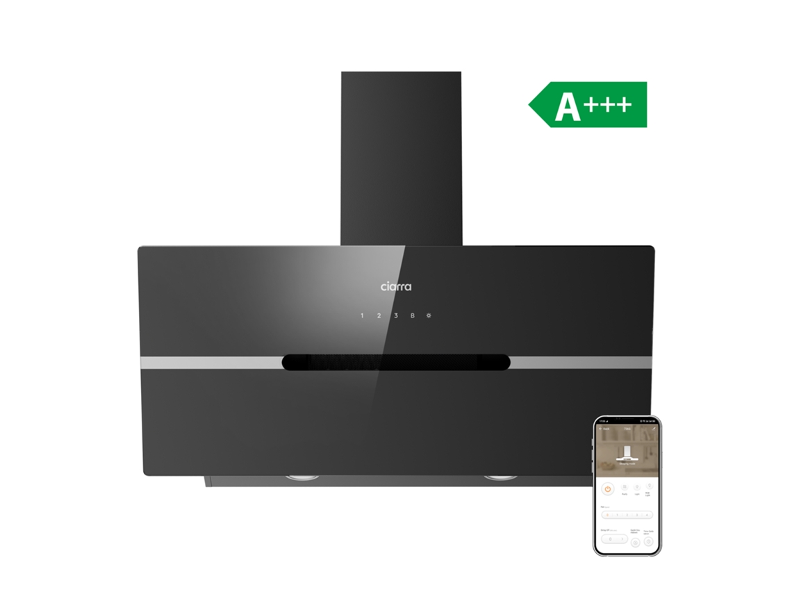 Exaustor Ciarra De Parede A+++ 90cm 650m³/h Boost Função Controle Táctil/app Recirculação Com Filtros De Carvão (2 Peças) 4 Modos Preto Aw9736fb