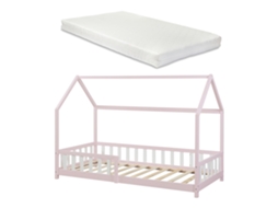 Cama de Criança Hesel em Forma de Casa com Grelha e Colchão 90X200Cm Rosa [EN.CASA]