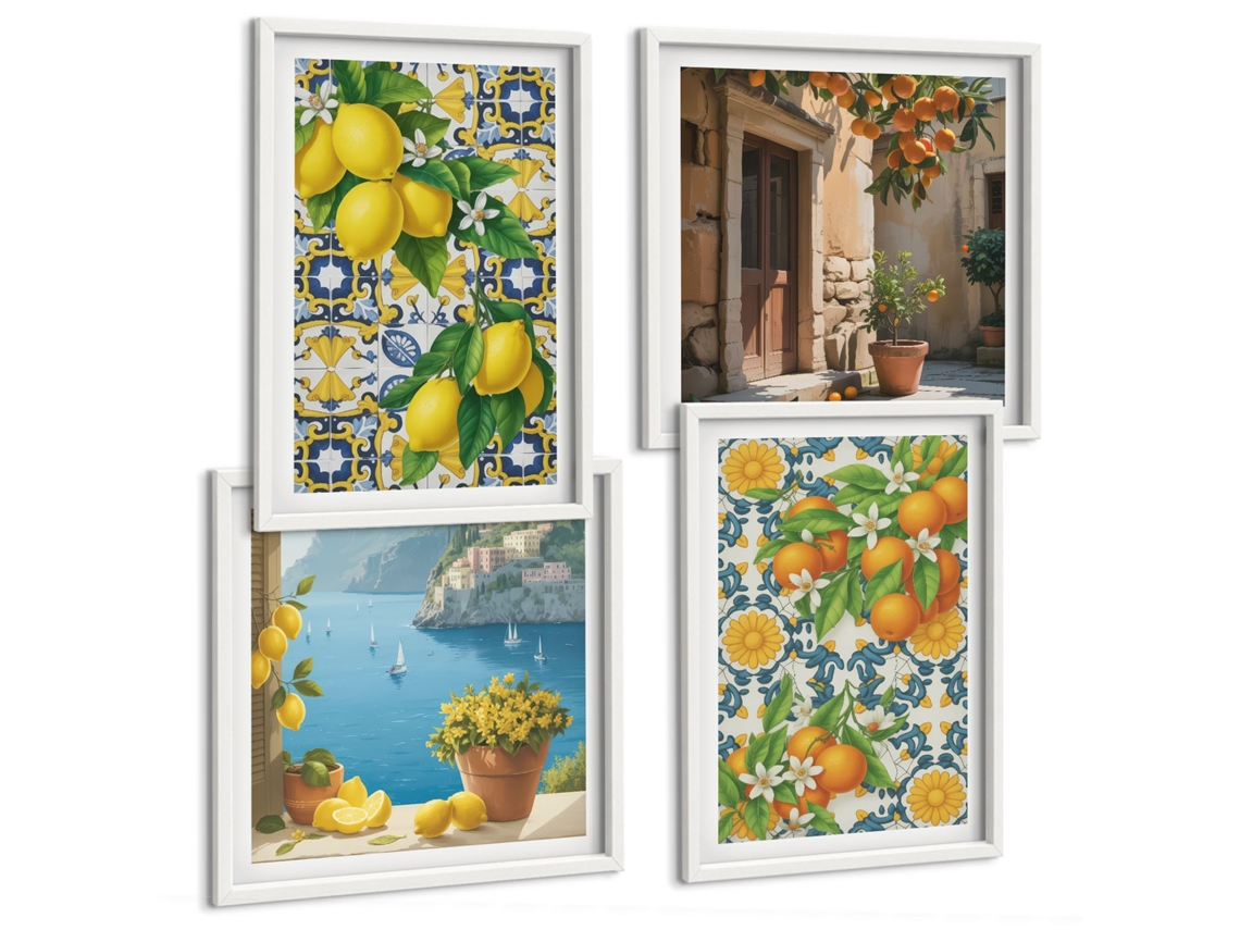 Composição De Quadros Limões, Flores, Laranjas, Itália Moldura Branca Pinturas De Quarto Espelharte (conjunto De 4 Imagens)