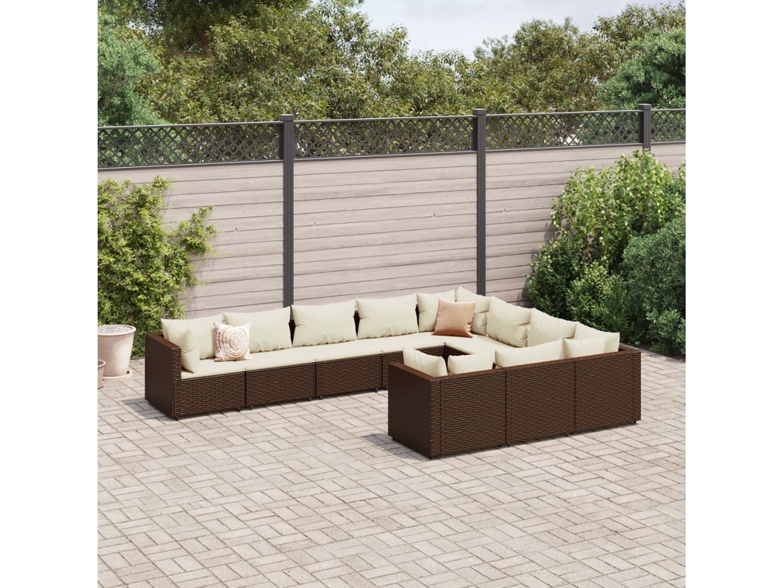 Vidaxl 10 Pcs Conj. Sofás Jardim Com Almofadões Vime Pe Castanho