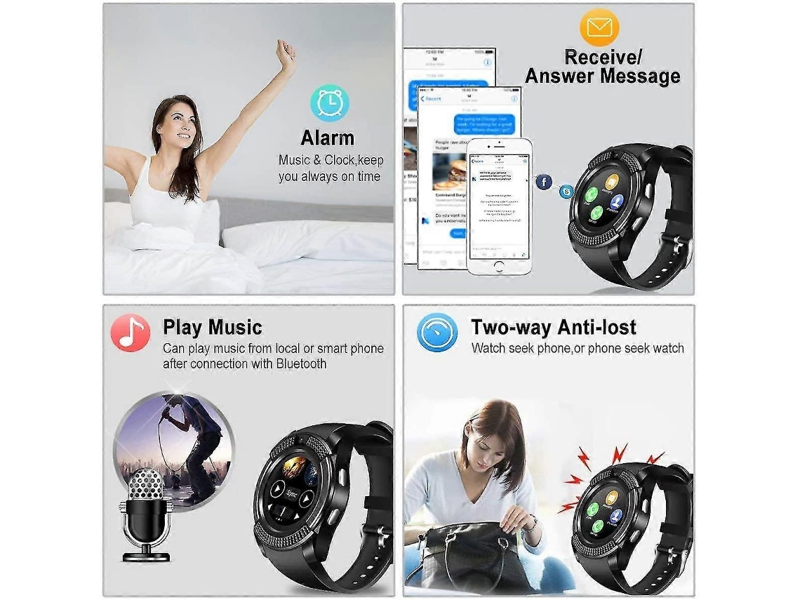 Smartwatch compatível com Android e iOS, com entrada para cartão SIM e câmera, preto VONKELIOS